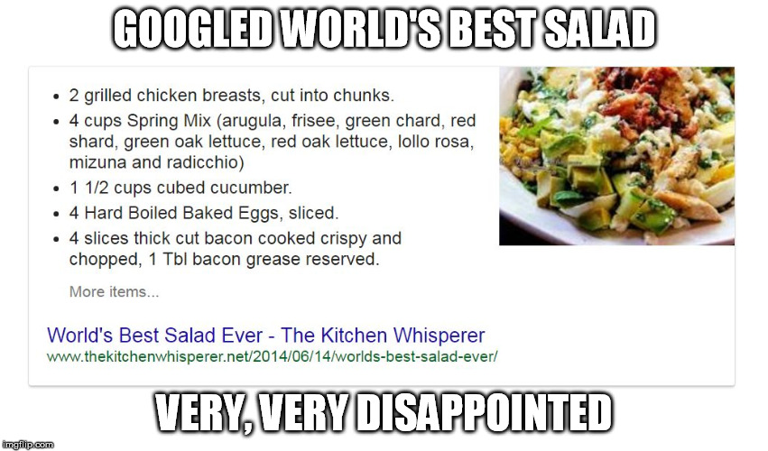 World's Boringest Salad | GOOGLED WORLD'S BEST SALAD; VERY, VERY DISAPPOINTED | image tagged in world's most boring salad,food,google,google images | made w/ Imgflip meme maker
