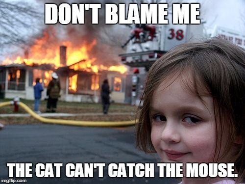 Disaster Girl | DON'T BLAME ME; THE CAT CAN'T CATCH THE MOUSE. | image tagged in memes,disaster girl | made w/ Imgflip meme maker