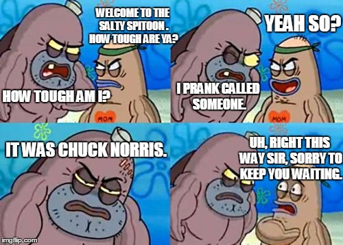 How Tough Are You | YEAH SO? WELCOME TO THE SALTY SPITOON . HOW TOUGH ARE YA? HOW TOUGH AM I? I PRANK CALLED SOMEONE. IT WAS CHUCK NORRIS. UH, RIGHT THIS WAY SIR, SORRY TO KEEP YOU WAITING. | image tagged in memes,how tough are you | made w/ Imgflip meme maker