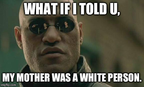 Matrix Morpheus | WHAT IF I TOLD U, MY MOTHER WAS A WHITE PERSON. | image tagged in memes,matrix morpheus | made w/ Imgflip meme maker