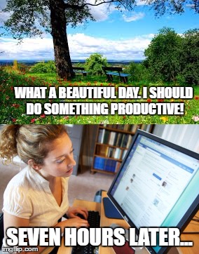 WHAT A BEAUTIFUL DAY. I SHOULD DO SOMETHING PRODUCTIVE! SEVEN HOURS LATER... | image tagged in spring,memes,sad but true | made w/ Imgflip meme maker
