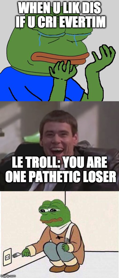 lik dis if u cri evertim D: | WHEN U LIK DIS IF U CRI EVERTIM; LE TROLL: YOU ARE ONE PATHETIC LOSER | image tagged in pepe,suicide,memes,troll,dank,pathetic | made w/ Imgflip meme maker
