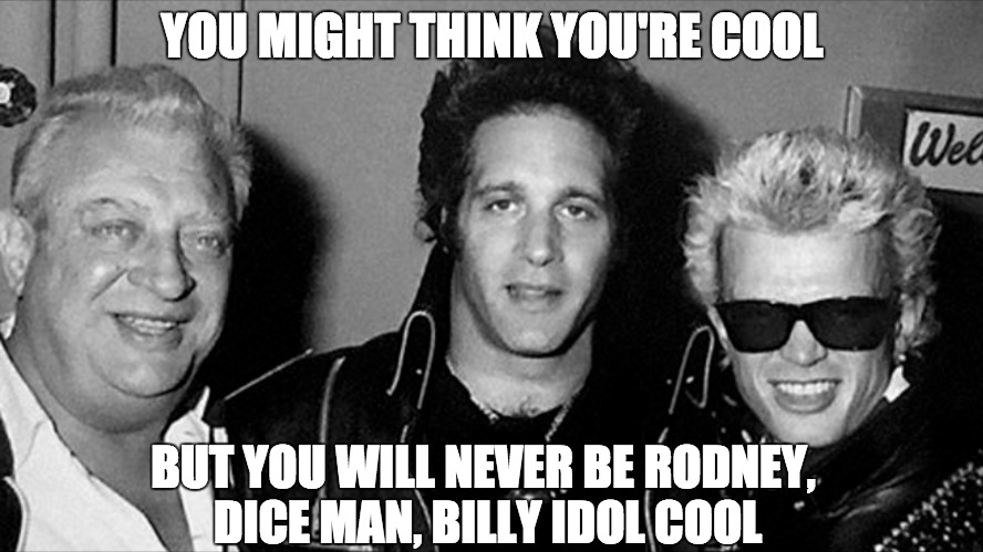 F Sinatra and the Rat Pack | YOU MIGHT THINK YOU'RE COOL; BUT YOU WILL NEVER BE RODNEY, DICE MAN, BILLY IDOL COOL | image tagged in rodney dangerfield,andrew dice clay,billy idol,80s,comedy,fuck off | made w/ Imgflip meme maker