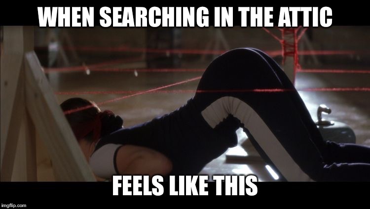 WHEN SEARCHING IN THE ATTIC; FEELS LIKE THIS | image tagged in entrapment meme | made w/ Imgflip meme maker