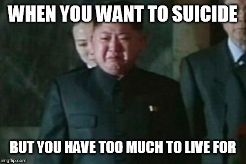 Kim Jong Un Sad | WHEN YOU WANT TO SUICIDE; BUT YOU HAVE TOO MUCH TO LIVE FOR | image tagged in memes,kim jong un sad | made w/ Imgflip meme maker