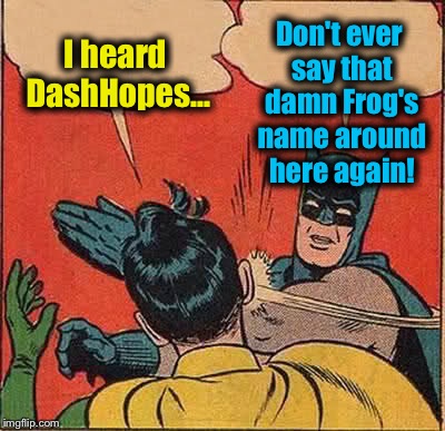 Batman Slapping Robin Meme | I heard DashHopes... Don't ever say that damn Frog's name around here again! | image tagged in memes,batman slapping robin | made w/ Imgflip meme maker