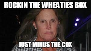 BRUCE JENNER | ROCKIN THE WHEATIES BOX; JUST MINUS THE COX | image tagged in bruce jenner | made w/ Imgflip meme maker