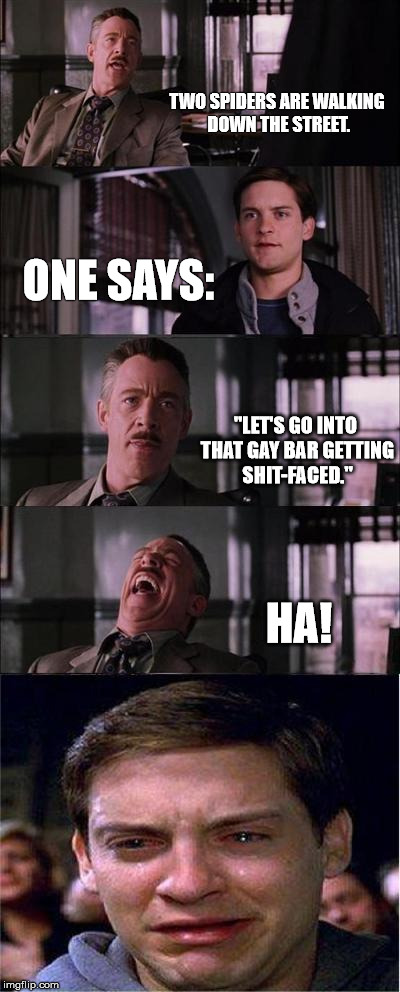 Peter Parker Cry | TWO SPIDERS ARE WALKING DOWN THE STREET. ONE SAYS:; "LET'S GO INTO THAT GAY BAR GETTING SHIT-FACED."; HA! | image tagged in memes,peter parker cry | made w/ Imgflip meme maker