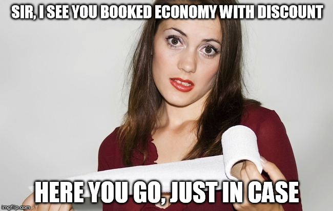 Well prepared UA flight attendant   | SIR, I SEE YOU BOOKED ECONOMY WITH DISCOUNT; HERE YOU GO, JUST IN CASE | image tagged in united airlines,butthurt bad?   | made w/ Imgflip meme maker