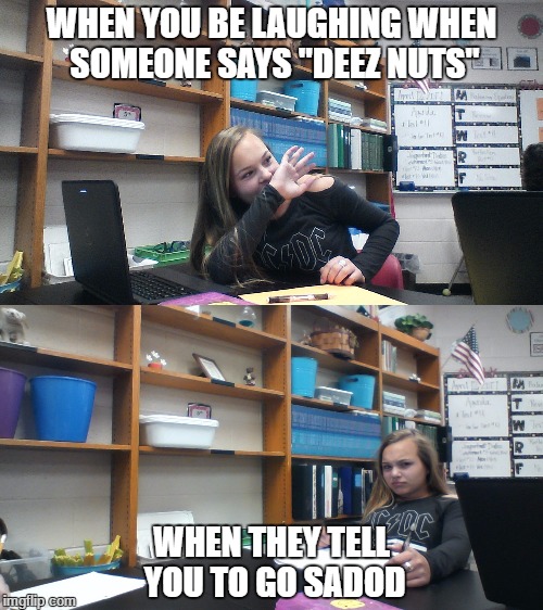 WTF | WHEN YOU BE LAUGHING WHEN SOMEONE SAYS "DEEZ NUTS"; WHEN THEY TELL YOU TO GO SADOD | image tagged in cookie | made w/ Imgflip meme maker