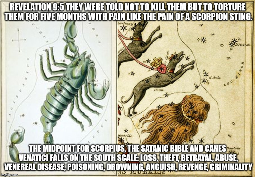 REVELATION 9:5 THEY WERE TOLD NOT TO KILL THEM BUT TO TORTURE THEM FOR FIVE MONTHS WITH PAIN LIKE THE PAIN OF A SCORPION STING. THE MIDPOINT FOR SCORPIUS, THE SATANIC BIBLE AND CANES VENATICI FALLS ON THE SOUTH SCALE: LOSS, THEFT, BETRAYAL, ABUSE, VENEREAL DISEASE, POISONING, DROWNING, ANGUISH, REVENGE, CRIMINALITY | made w/ Imgflip meme maker
