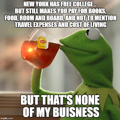 But That's None Of My Business | NEW YORK HAS FREE COLLEGE... BUT STILL MAKES YOU PAY FOR BOOKS, FOOD, ROOM AND BOARD, AND NOT TO MENTION TRAVEL EXPENSES AND COST OF LIVING; BUT THAT'S NONE OF MY BUISNESS | image tagged in memes,but thats none of my business,kermit the frog | made w/ Imgflip meme maker