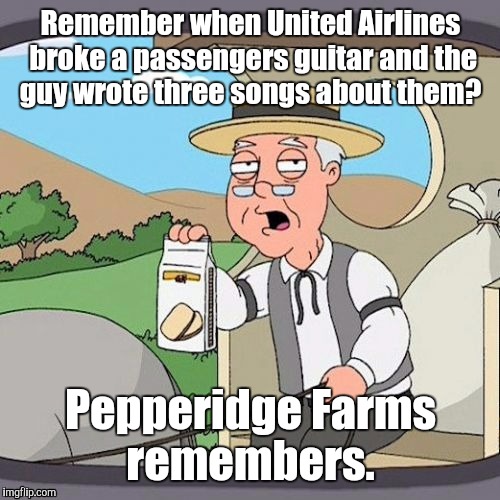 1ixr8j.jpg | Remember when United Airlines broke a passengers guitar and the guy wrote three songs about them? Pepperidge Farms remembers. | image tagged in 1ixr8jjpg | made w/ Imgflip meme maker