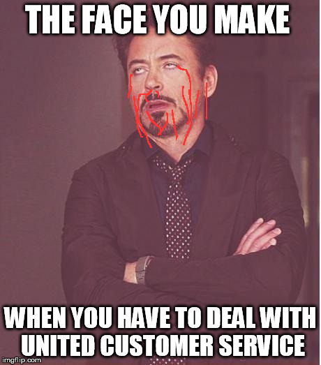 Face You Make Robert Downey Jr Meme | THE FACE YOU MAKE WHEN YOU HAVE TO DEAL WITH UNITED CUSTOMER SERVICE | image tagged in memes,face you make robert downey jr | made w/ Imgflip meme maker