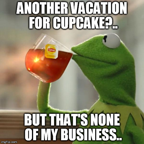 But That's None Of My Business | ANOTHER VACATION FOR CUPCAKE?.. BUT THAT'S NONE OF MY BUSINESS.. | image tagged in memes,but thats none of my business,kermit the frog | made w/ Imgflip meme maker