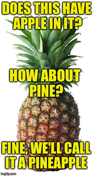 pineapple | DOES THIS HAVE APPLE IN IT? HOW ABOUT PINE? FINE, WE'LL CALL IT A PINEAPPLE | image tagged in pineapple | made w/ Imgflip meme maker
