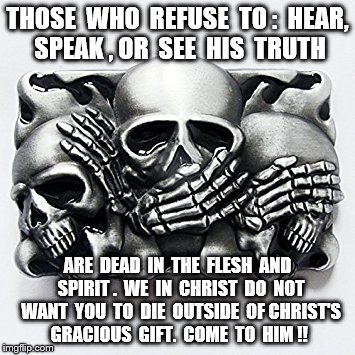 Blind Hatred | THOSE  WHO  REFUSE  TO :  HEAR, SPEAK , OR  SEE  HIS  TRUTH; ARE  DEAD  IN  THE  FLESH  AND  SPIRIT .  WE  IN  CHRIST  DO  NOT  WANT  YOU  TO  DIE  OUTSIDE  OF CHRIST'S GRACIOUS  GIFT.

COME  TO  HIM !! | image tagged in blind hatred | made w/ Imgflip meme maker