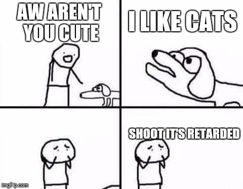 retarded dog | I LIKE CATS; AW AREN'T YOU CUTE; SHOOT IT'S RETARDED | image tagged in retarded dog,memes,funny,dog week | made w/ Imgflip meme maker