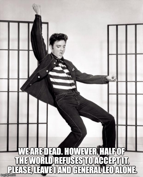 Elvis | WE ARE DEAD. HOWEVER, HALF OF THE WORLD REFUSES TO ACCEPT IT. PLEASE, LEAVE I AND GENERAL LEO ALONE. | image tagged in elvis | made w/ Imgflip meme maker