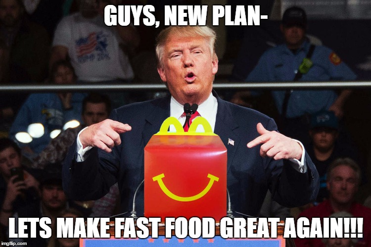 Who cares about making America great again? It's already great!!! | GUYS, NEW PLAN-; LETS MAKE FAST FOOD GREAT AGAIN!!! | image tagged in mcdonalds,donald trump,donald trump approves,donald trump memes,fast food,politics | made w/ Imgflip meme maker