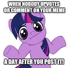 twilight shrugs | WHEN NOBODY UPVOTES OR COMMENT ON YOUR MEME; A DAY AFTER YOU POST IT! | image tagged in twilight shrugs | made w/ Imgflip meme maker
