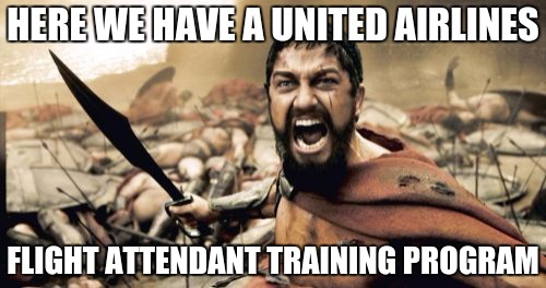 Sparta Leonidas | HERE WE HAVE A UNITED AIRLINES; FLIGHT ATTENDANT TRAINING PROGRAM | image tagged in memes,sparta leonidas | made w/ Imgflip meme maker