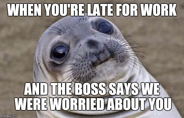 The face you make | WHEN YOU'RE LATE FOR WORK; AND THE BOSS SAYS WE WERE WORRIED ABOUT YOU | image tagged in memes,awkward moment sealion,face you make | made w/ Imgflip meme maker