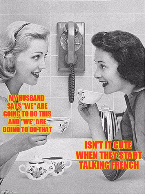 Vintage Housewives | MY HUSBAND SAYS "WE" ARE GOING TO DO THIS AND "WE" ARE GOING TO DO THAT; ISN'T IT CUTE WHEN THEY START TALKING FRENCH | image tagged in meme,funny,marriage,men and women | made w/ Imgflip meme maker