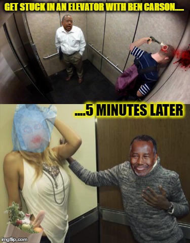 An image tagged ben carson,elevator,caught in a trap,memes,funny.