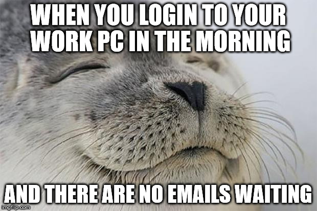 Satisfied Seal Meme | WHEN YOU LOGIN TO YOUR WORK PC IN THE MORNING; AND THERE ARE NO EMAILS WAITING | image tagged in memes,satisfied seal,AdviceAnimals | made w/ Imgflip meme maker