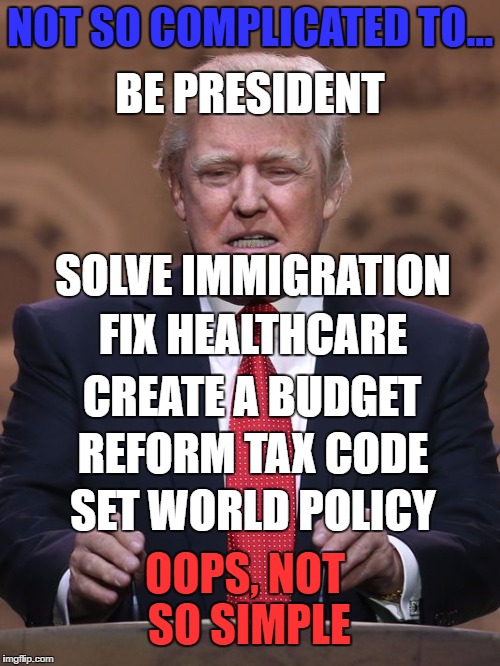 Donald Trump | NOT SO COMPLICATED TO... BE PRESIDENT; SOLVE IMMIGRATION; FIX HEALTHCARE; CREATE A BUDGET; REFORM TAX CODE; SET WORLD POLICY; OOPS, NOT SO SIMPLE | image tagged in donald trump | made w/ Imgflip meme maker
