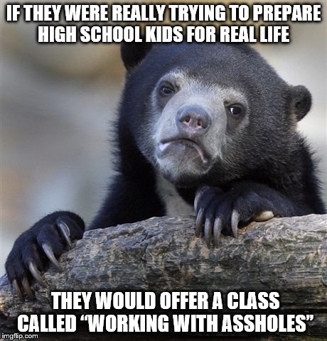 Confession Bear Meme | IF THEY WERE REALLY TRYING TO PREPARE HIGH SCHOOL KIDS FOR REAL LIFE; THEY WOULD OFFER A CLASS CALLED “WORKING WITH ASSHOLES” | image tagged in memes,confession bear | made w/ Imgflip meme maker