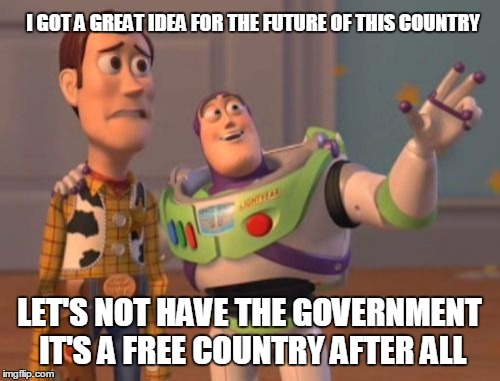 The government
 | I GOT A GREAT IDEA FOR THE FUTURE OF THIS COUNTRY; LET'S NOT HAVE THE GOVERNMENT IT'S A FREE COUNTRY AFTER ALL | image tagged in memes,x x everywhere | made w/ Imgflip meme maker