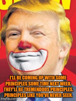 I'LL BE COMING UP WITH SOME PRINCIPLES SOME TIME NEXT WEEK. THEY'LL BE TREMENDOUS PRINCIPLES. PRINCIPLES LIKE YOU'VE NEVER SEEN. | image tagged in memes,donald trump the clown | made w/ Imgflip meme maker