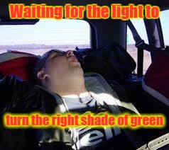 Right shade of green | Waiting for the light to; turn the right shade of green | image tagged in sleeping in a car | made w/ Imgflip meme maker