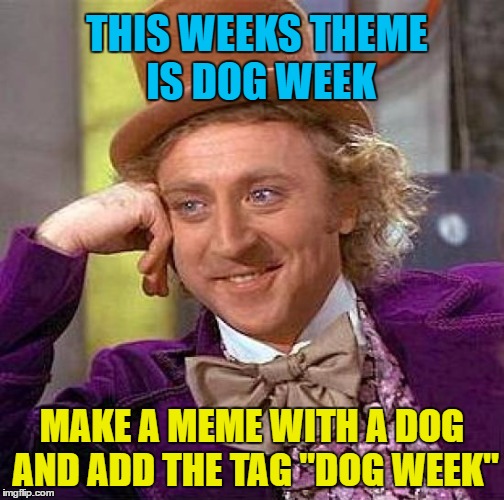 Creepy Condescending Wonka Meme | THIS WEEKS THEME IS DOG WEEK MAKE A MEME WITH A DOG AND ADD THE TAG "DOG WEEK" | image tagged in memes,creepy condescending wonka | made w/ Imgflip meme maker