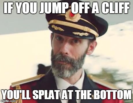 Captain Obvious | IF YOU JUMP OFF A CLIFF; YOU'LL SPLAT AT THE BOTTOM | image tagged in captain obvious | made w/ Imgflip meme maker