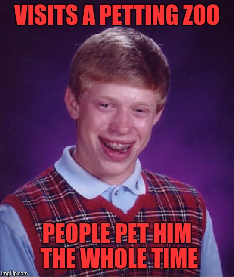 When you look like one of the attractions... | VISITS A PETTING ZOO; PEOPLE PET HIM THE WHOLE TIME | image tagged in memes,bad luck brian,petting,zoo | made w/ Imgflip meme maker