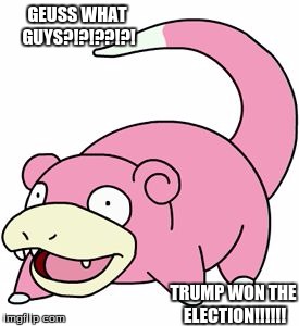 slowbro | GEUSS WHAT GUYS?!?!??!?! TRUMP WON THE ELECTION!!!!!! | image tagged in slowbro | made w/ Imgflip meme maker