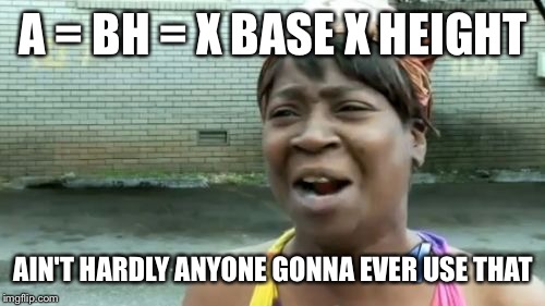 Ain't Nobody Got Time For That Meme | A = BH = X BASE X HEIGHT AIN'T HARDLY ANYONE GONNA EVER USE THAT | image tagged in memes,aint nobody got time for that | made w/ Imgflip meme maker