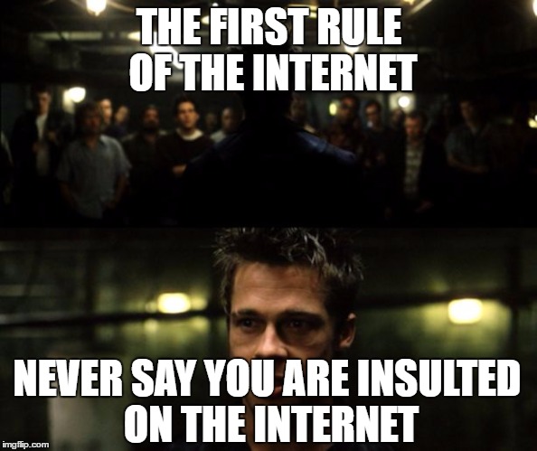 The snowflakes are about to fly | THE FIRST RULE OF THE INTERNET; NEVER SAY YOU ARE INSULTED ON THE INTERNET | image tagged in first rule of the fight club,snowflakes | made w/ Imgflip meme maker