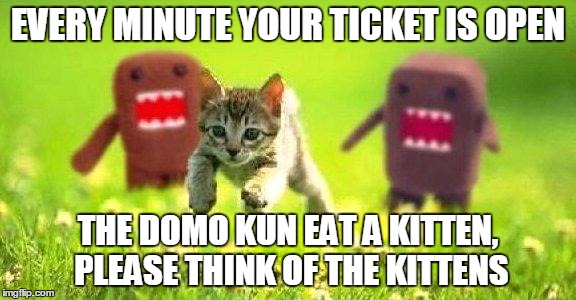 Kittens Running from Domo |  EVERY MINUTE YOUR TICKET IS OPEN; THE DOMO KUN EAT A KITTEN, PLEASE THINK OF THE KITTENS | image tagged in kittens running from domo | made w/ Imgflip meme maker