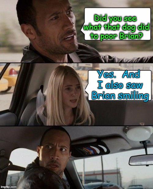 The Rock Driving Meme | Did you see what that dog did to poor Brian? Yes.  And I also saw Brian smiling | image tagged in memes,the rock driving | made w/ Imgflip meme maker