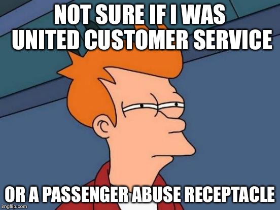 Futurama Fry Meme | NOT SURE IF I WAS UNITED CUSTOMER SERVICE OR A PASSENGER ABUSE RECEPTACLE | image tagged in memes,futurama fry | made w/ Imgflip meme maker