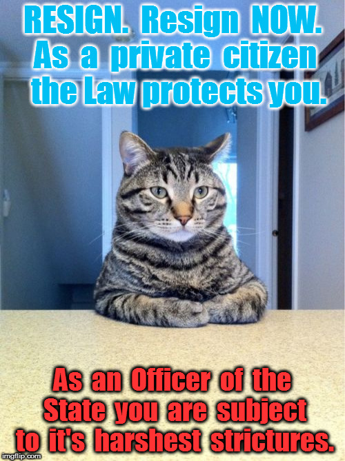 Take A Seat Cat Meme | RESIGN.  Resign  NOW. As  a  private  citizen  the Law protects you. As  an  Officer  of  the  State  you  are  subject  to  it's  harshest  strictures. | image tagged in memes,take a seat cat | made w/ Imgflip meme maker