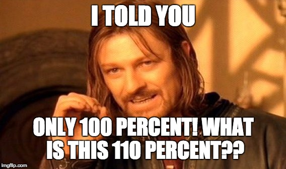 One Does Not Simply Meme | I TOLD YOU; ONLY 100 PERCENT! WHAT IS THIS 110 PERCENT?? | image tagged in memes,one does not simply | made w/ Imgflip meme maker