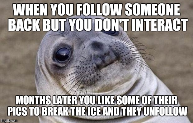 Awkward Moment Sealion Meme | WHEN YOU FOLLOW SOMEONE BACK BUT YOU DON'T INTERACT; MONTHS LATER YOU LIKE SOME OF THEIR PICS TO BREAK THE ICE AND THEY UNFOLLOW | image tagged in memes,awkward moment sealion | made w/ Imgflip meme maker