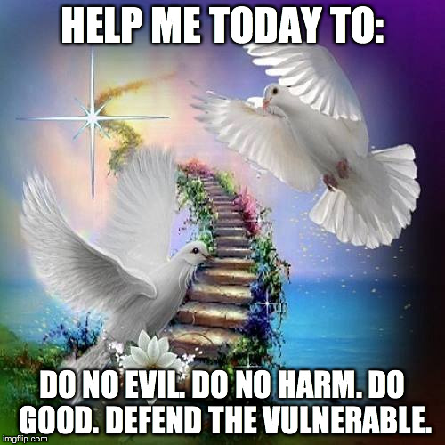 My Prayer | HELP ME TODAY TO:; DO NO EVIL.
DO NO HARM.
DO GOOD.
DEFEND THE VULNERABLE. | image tagged in my prayer | made w/ Imgflip meme maker