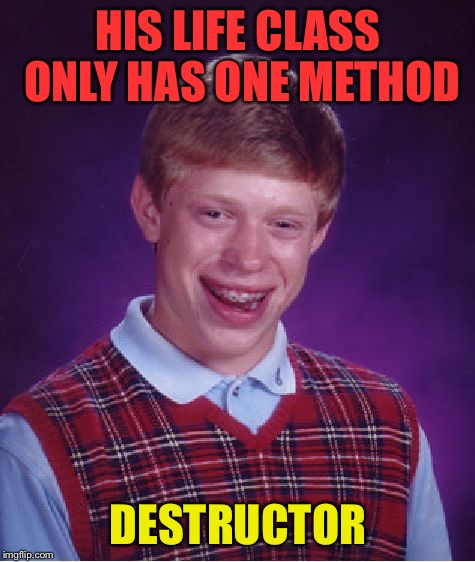 Bad Luck Brian Meme | HIS LIFE CLASS ONLY HAS ONE METHOD; DESTRUCTOR | image tagged in memes,bad luck brian | made w/ Imgflip meme maker