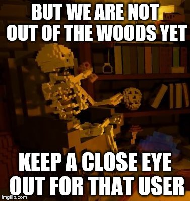 But thats none of my business skeleton | BUT WE ARE NOT OUT OF THE WOODS YET KEEP A CLOSE EYE OUT FOR THAT USER | image tagged in but thats none of my business skeleton | made w/ Imgflip meme maker